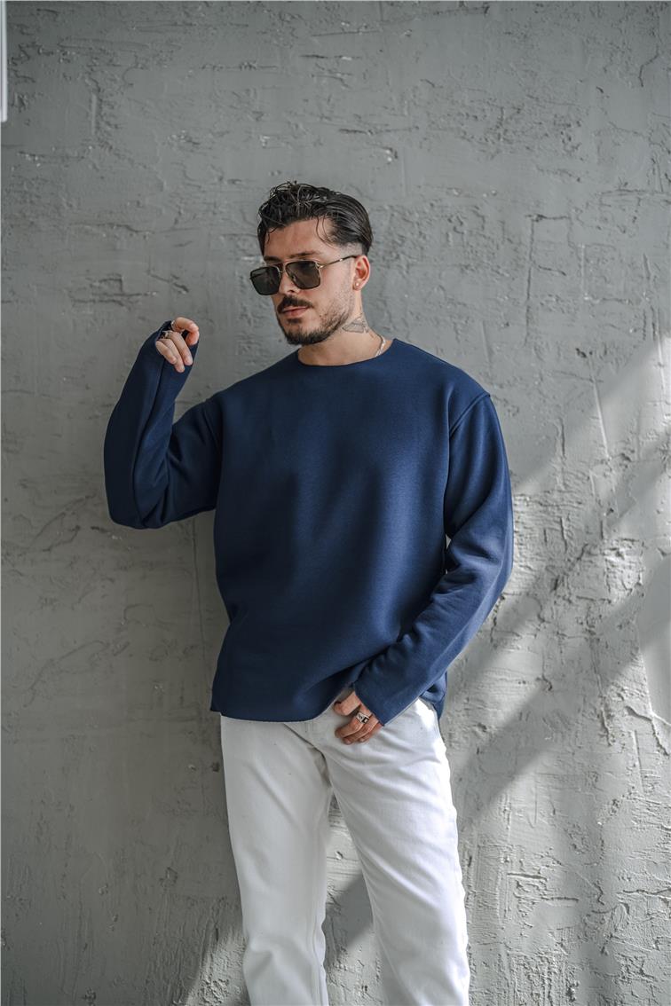 Şardonlu Lazer Kesim Oversize Sweatshirt İndigo
