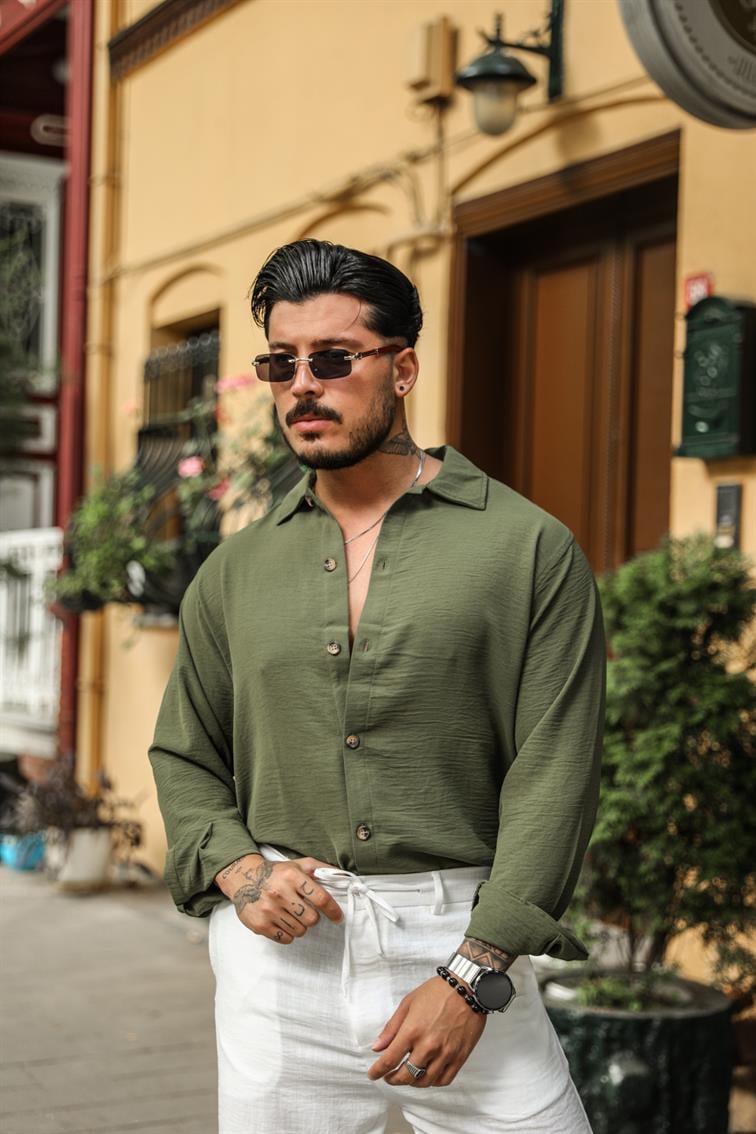 Saten Oversize Gömlek Haki