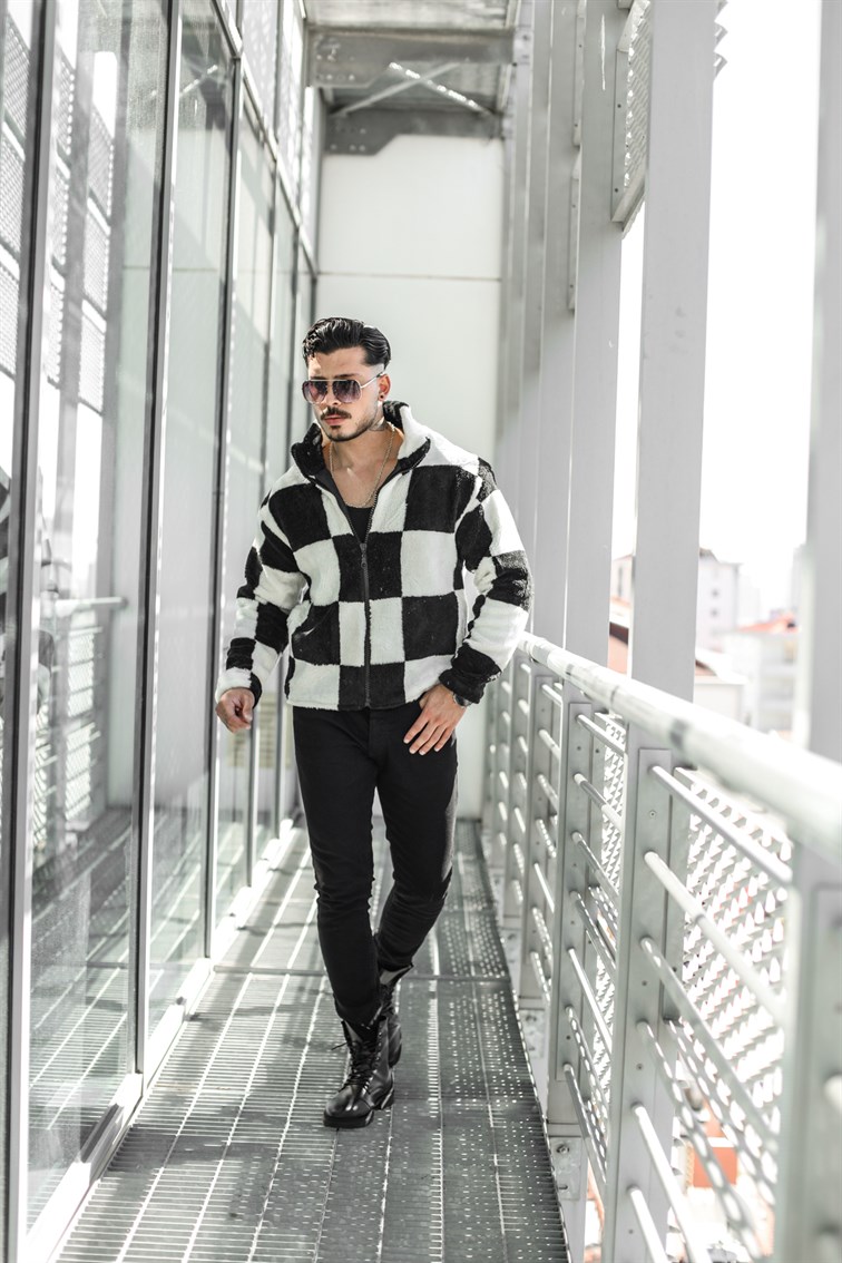 Satranç Desenli Peluş Oversize Ceket