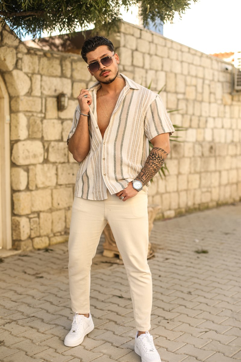 Şerit Detay Kısa Kol Keten Oversize Gömlek