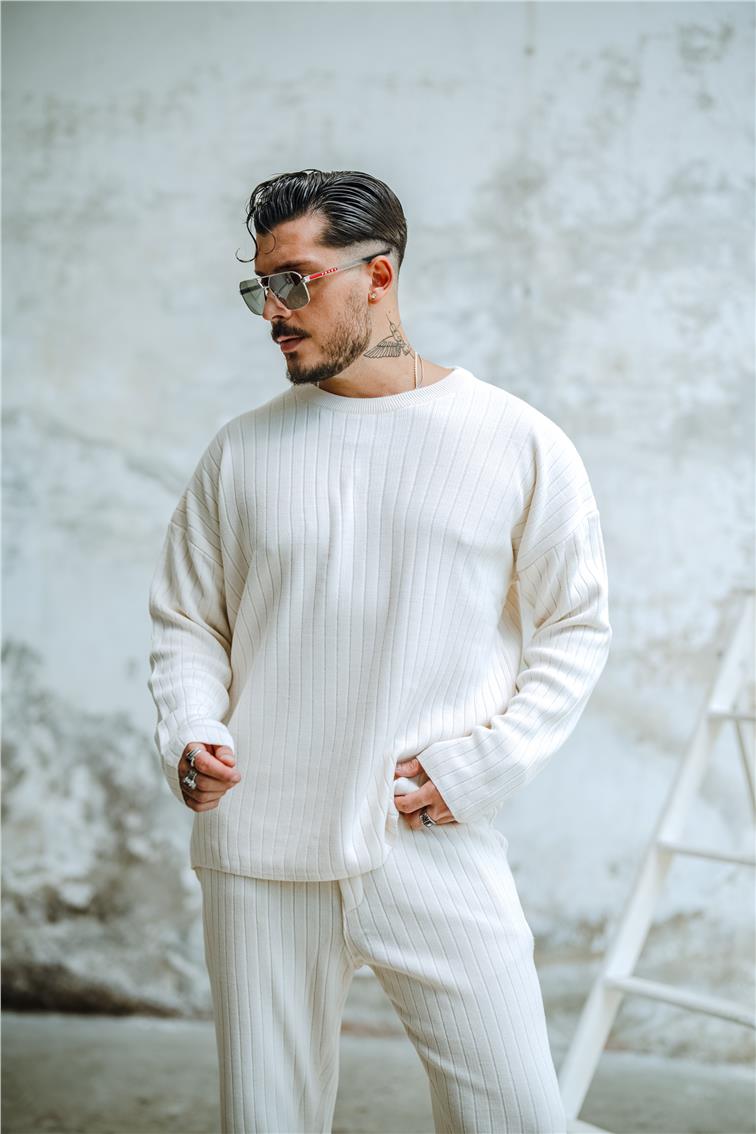 Şerit Dokulu Oversize Kazak Açık Krem