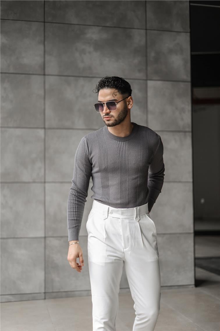 Şerit İşlemeli Triko Slim Fit Kazak Füme