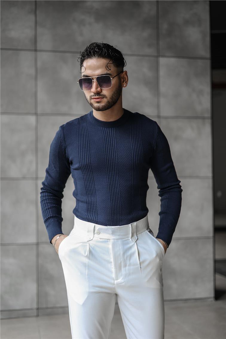 Şerit İşlemeli Triko Slim Fit Kazak Lacivert