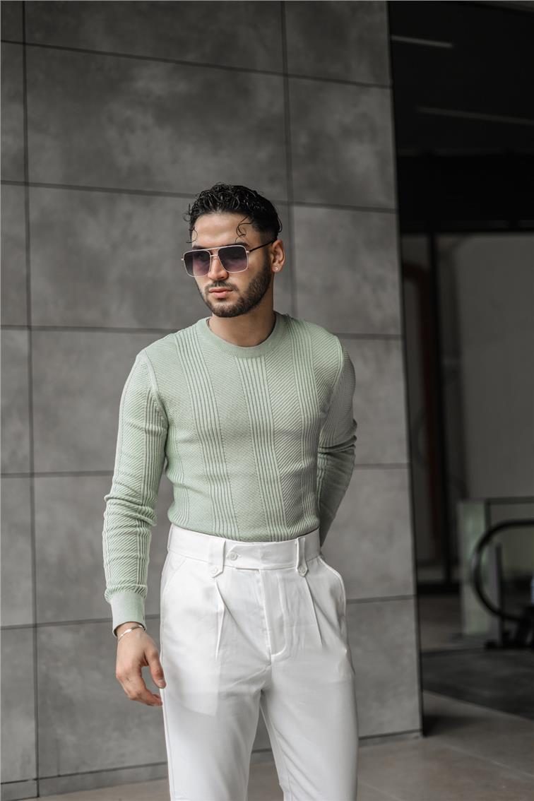 Şerit İşlemeli Triko Slim Fit Kazak Mint