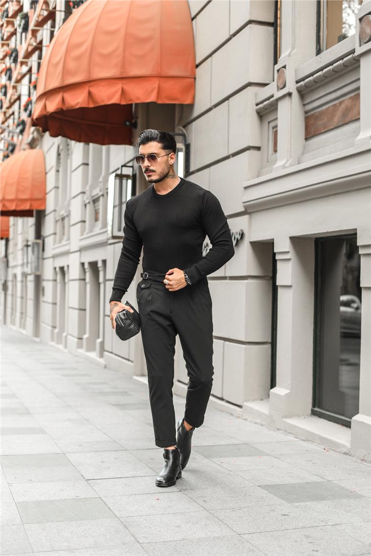Şerit İşlemeli Triko Slim Fit Kazak Siyah