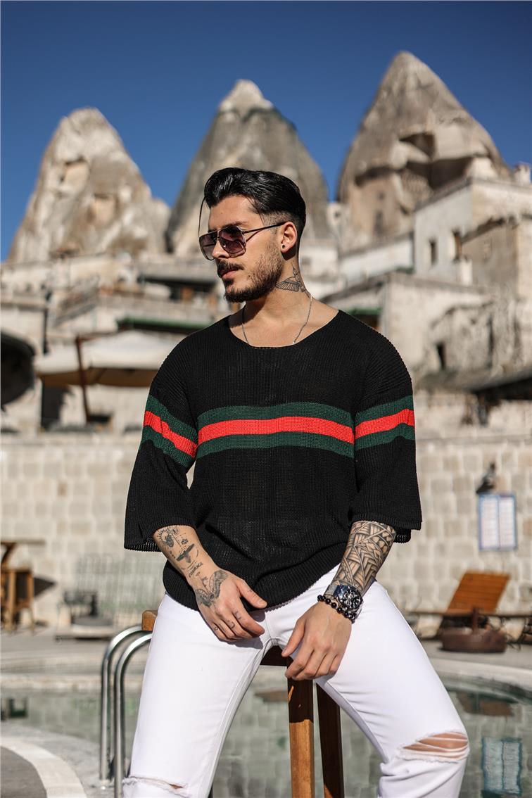 Şerit Renkli Örme Oversize Fakir Kol T-Shirt Siyah