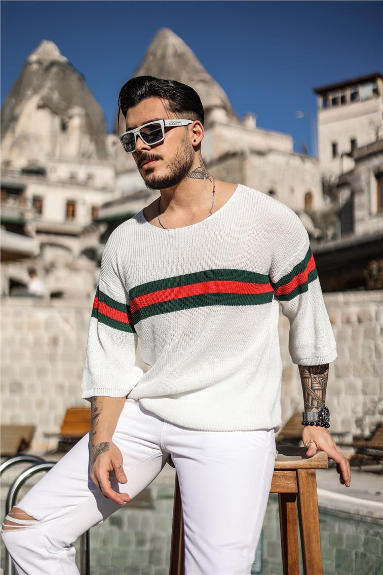 Şerit Renkli Örme Oversize Fakir Kol T-Shirt Beyaz