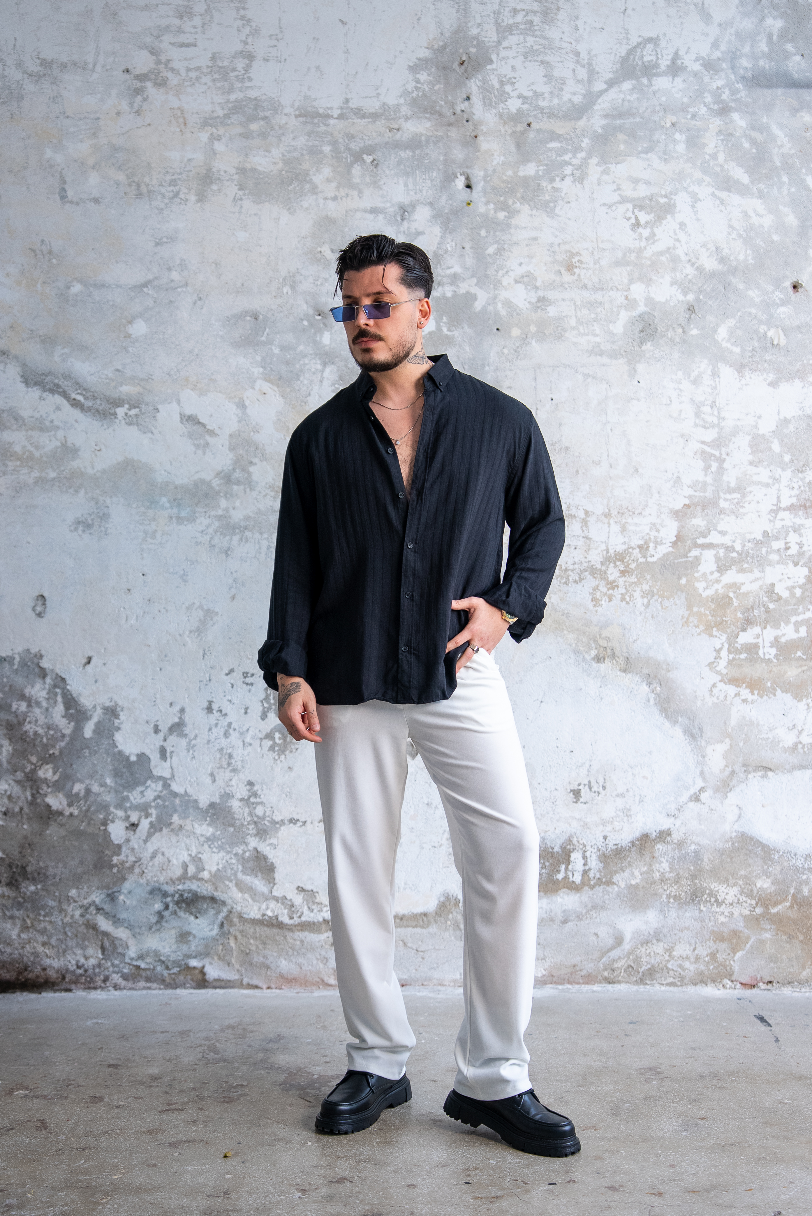 Şeritli İnce Oversize Gömlek Siyah