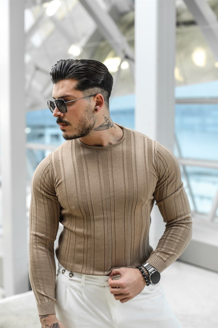 Şeritli Kabartma Slim Fit Kazak