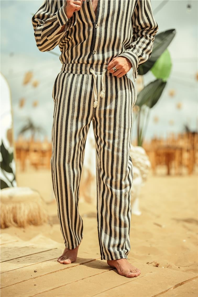 Şeritli Keten Baggy Pantolon Siyah