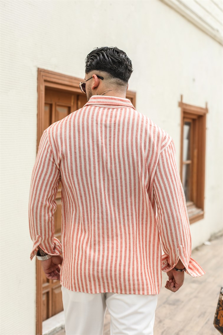 Şeritli Keten Oversize Gömlek Turuncu · 6