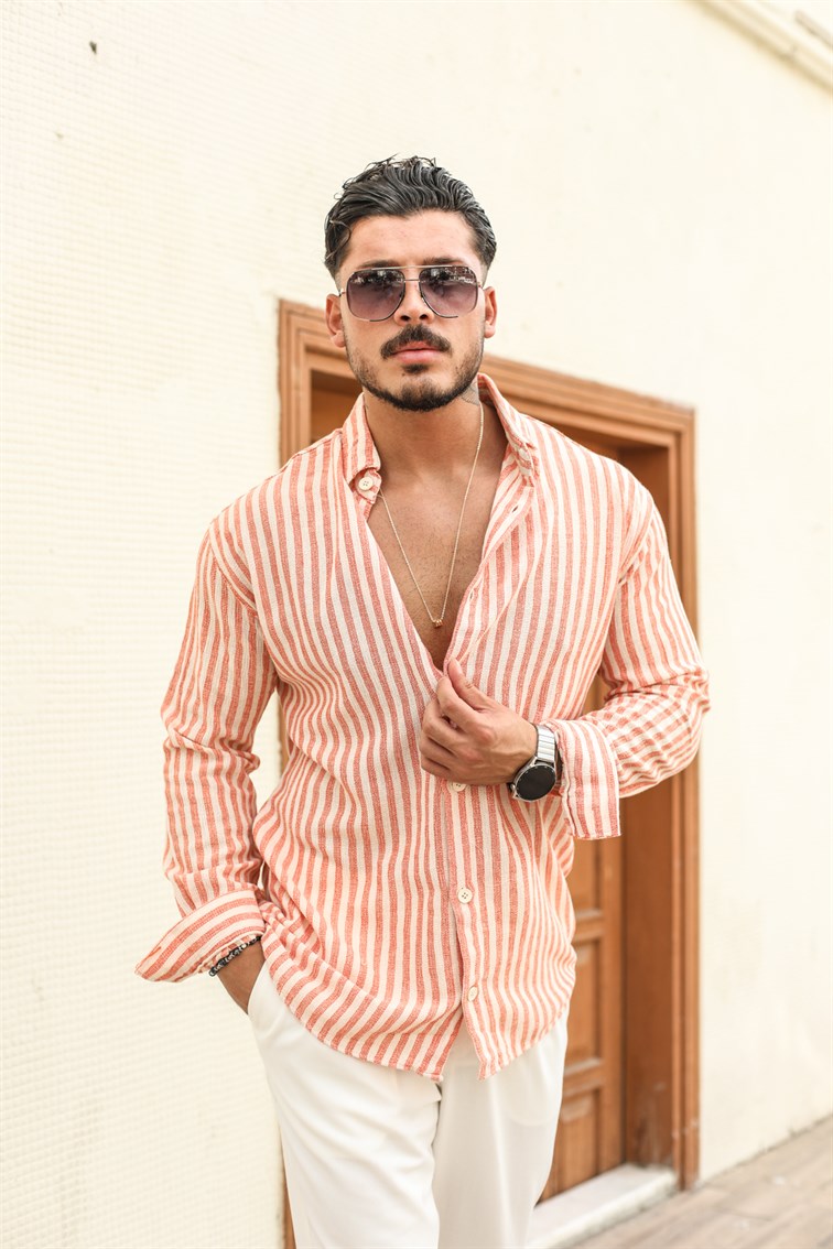 Şeritli Keten Oversize Gömlek