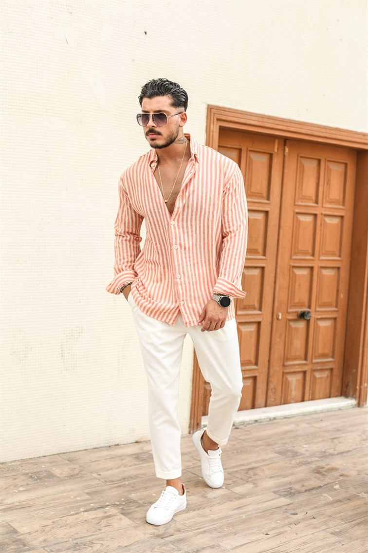 Şeritli Keten Oversize Gömlek Turuncu · 3
