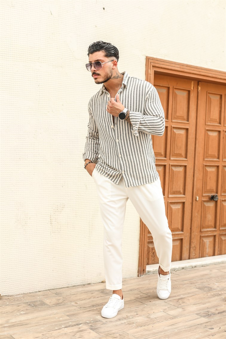 Şeritli Keten Oversize Gömlek