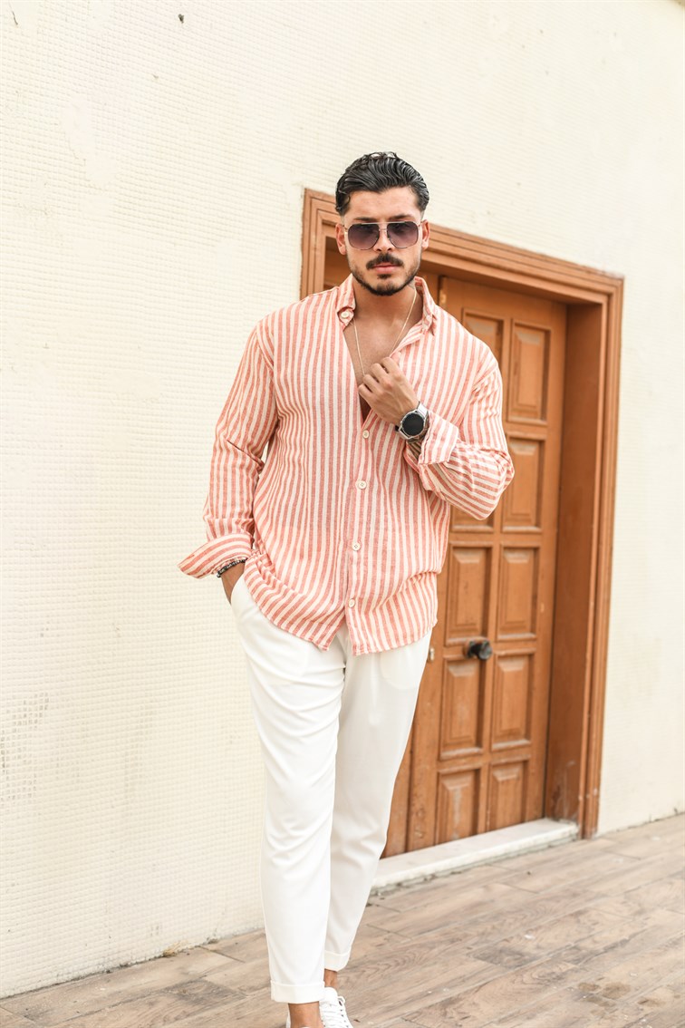 Şeritli Keten Oversize Gömlek Turuncu · 4