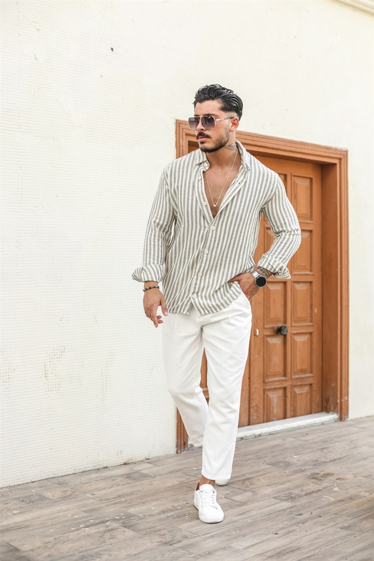 Şeritli Keten Oversize Gömlek
