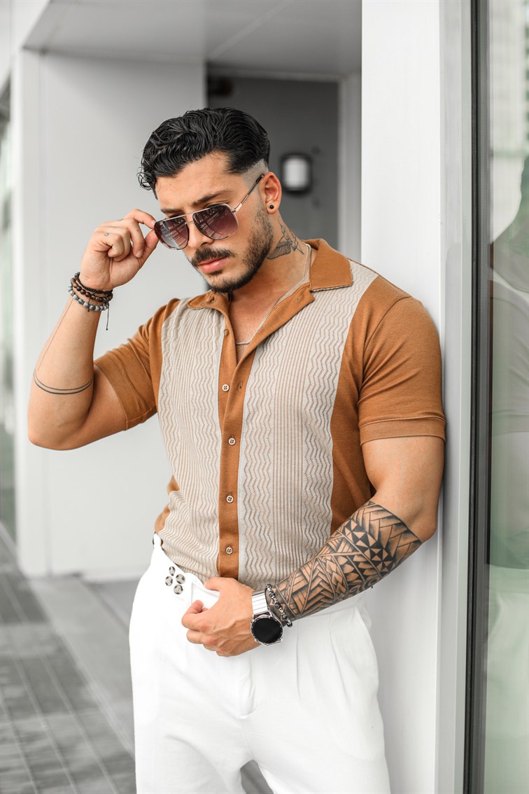 Şeritli Kısa Kol ince Fit Gömlek
