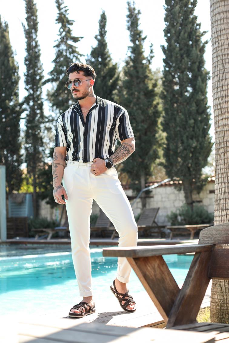 Şeritli Kısa Kol Oversize Gömlek Füme