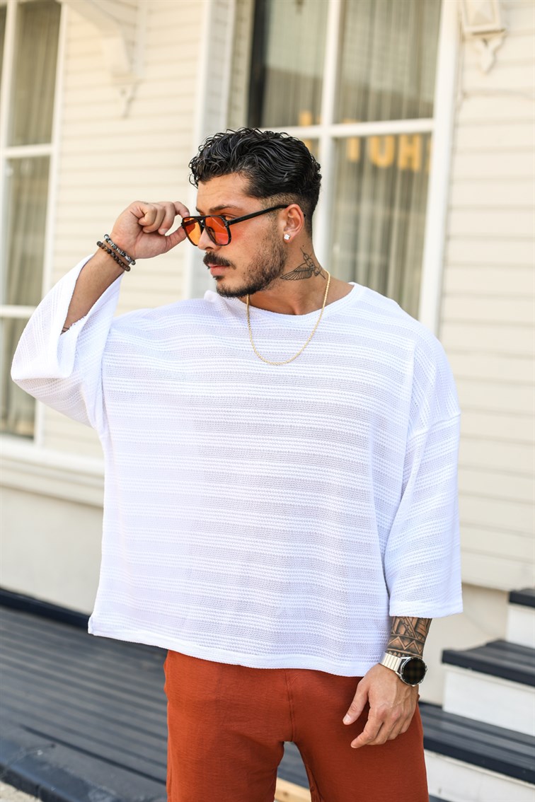 Şeritli Örme Oversize Fakir Kol  T-Shirt