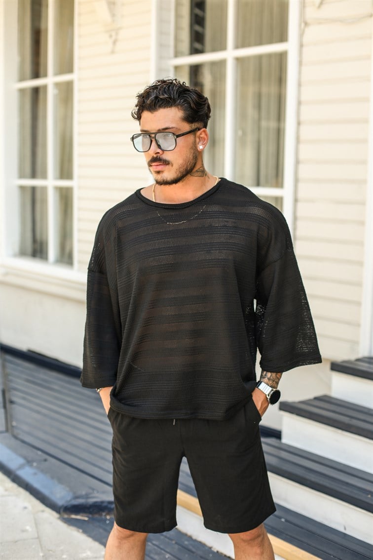 Şeritli Örme Oversize Fakir Kol  T-Shirt