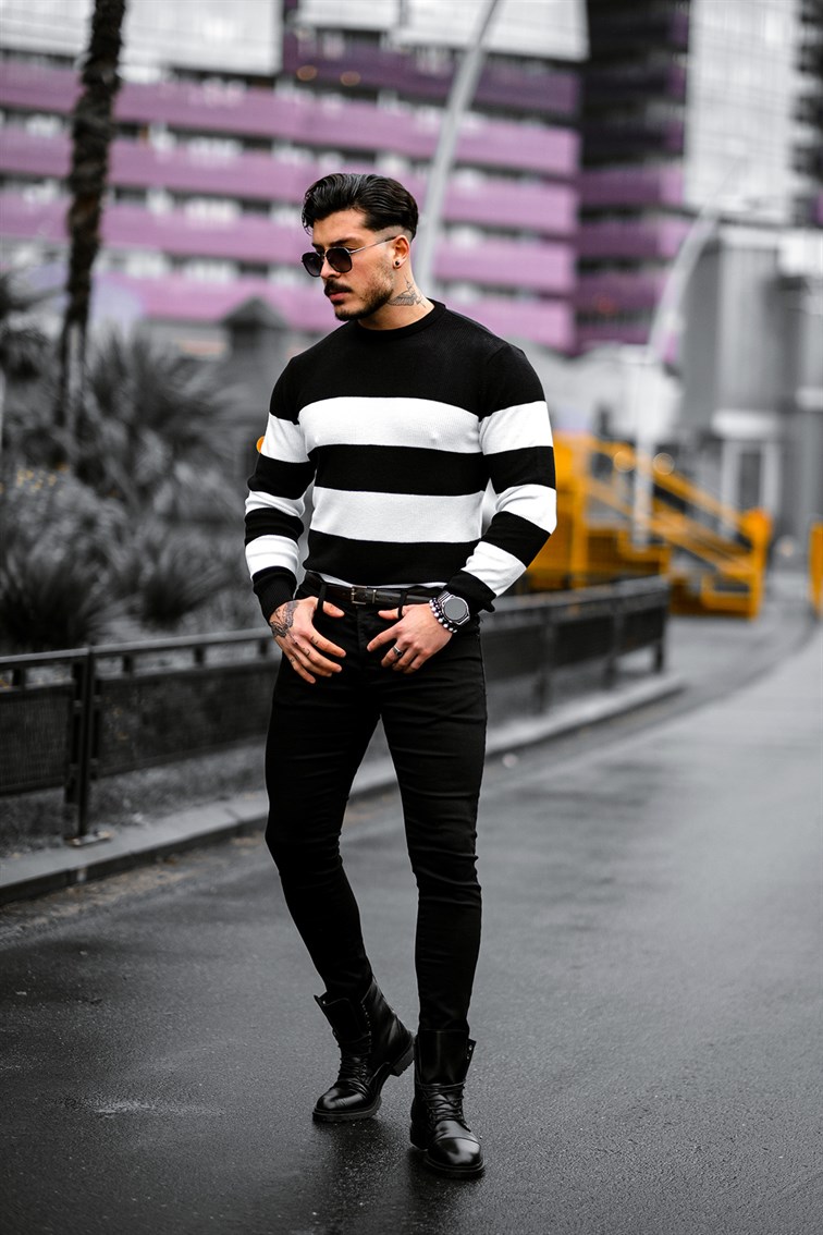 Şeritli Örme Slim Fit Kazak