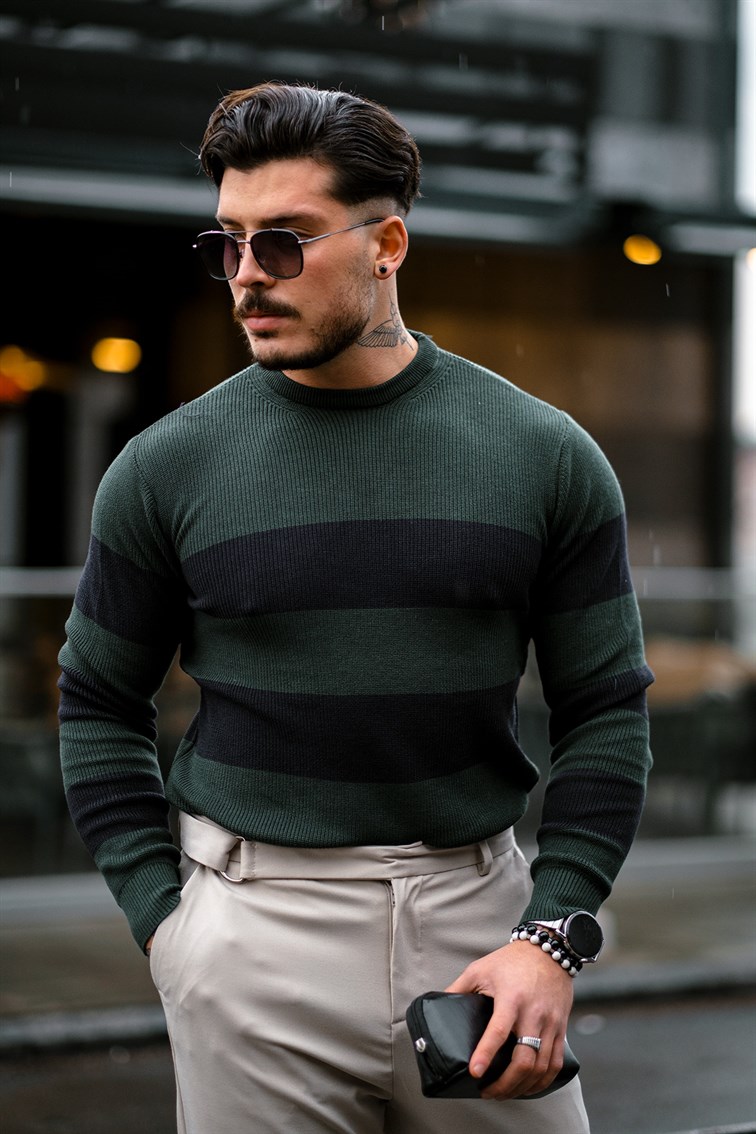Şeritli Örme Slim Fit Kazak