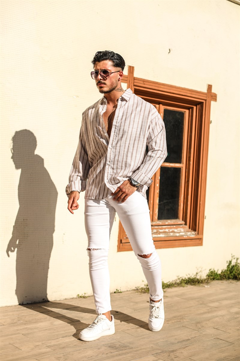 Şeritli Pamuklu Oversize Gömlek