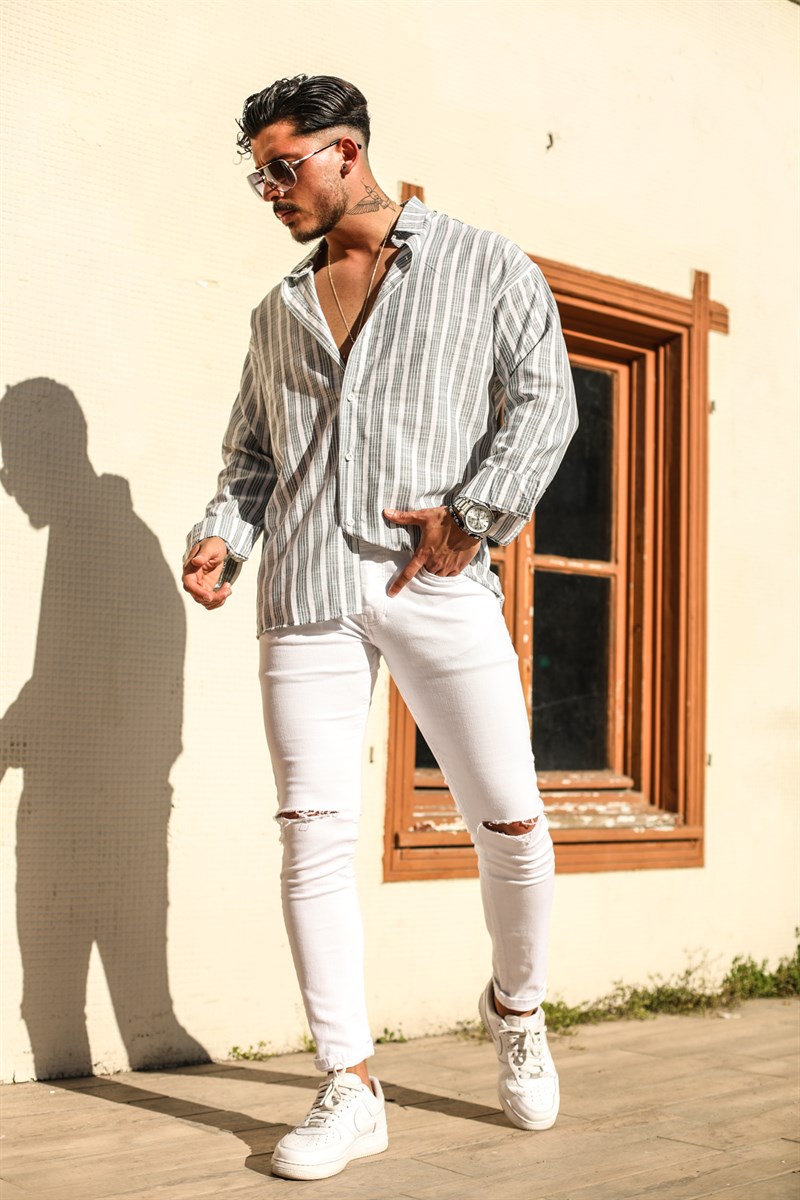 Şeritli Pamuklu Oversize Gömlek