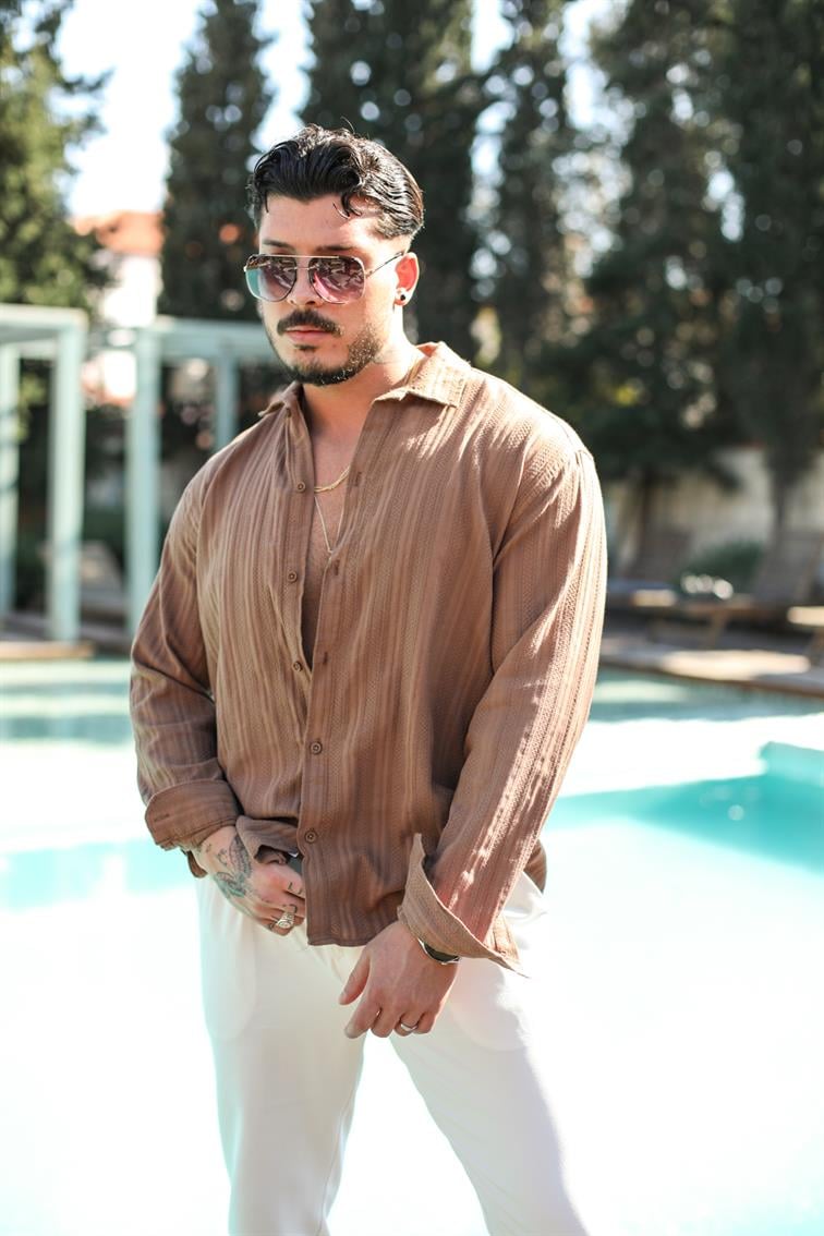 Şeritli Petek Örme Detaylı Oversize Gömlek Kahve