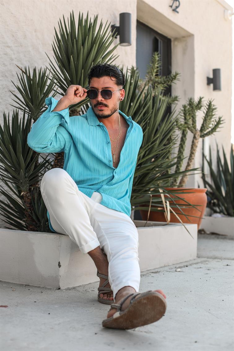 Şeritli Petek Örme Detaylı Oversize Gömlek Mavi