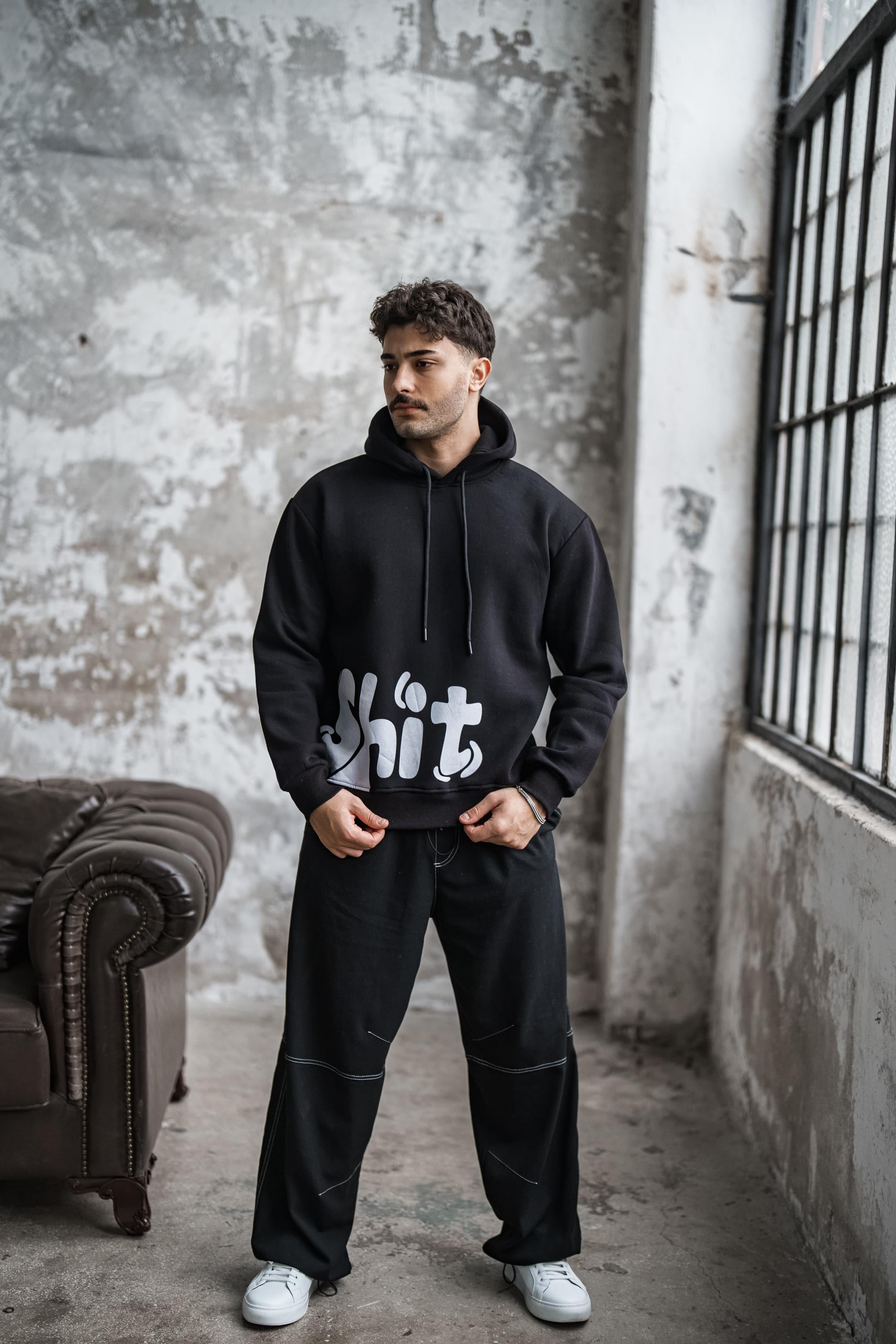 SHİT Baskılı Oversize Hoodie Siyah