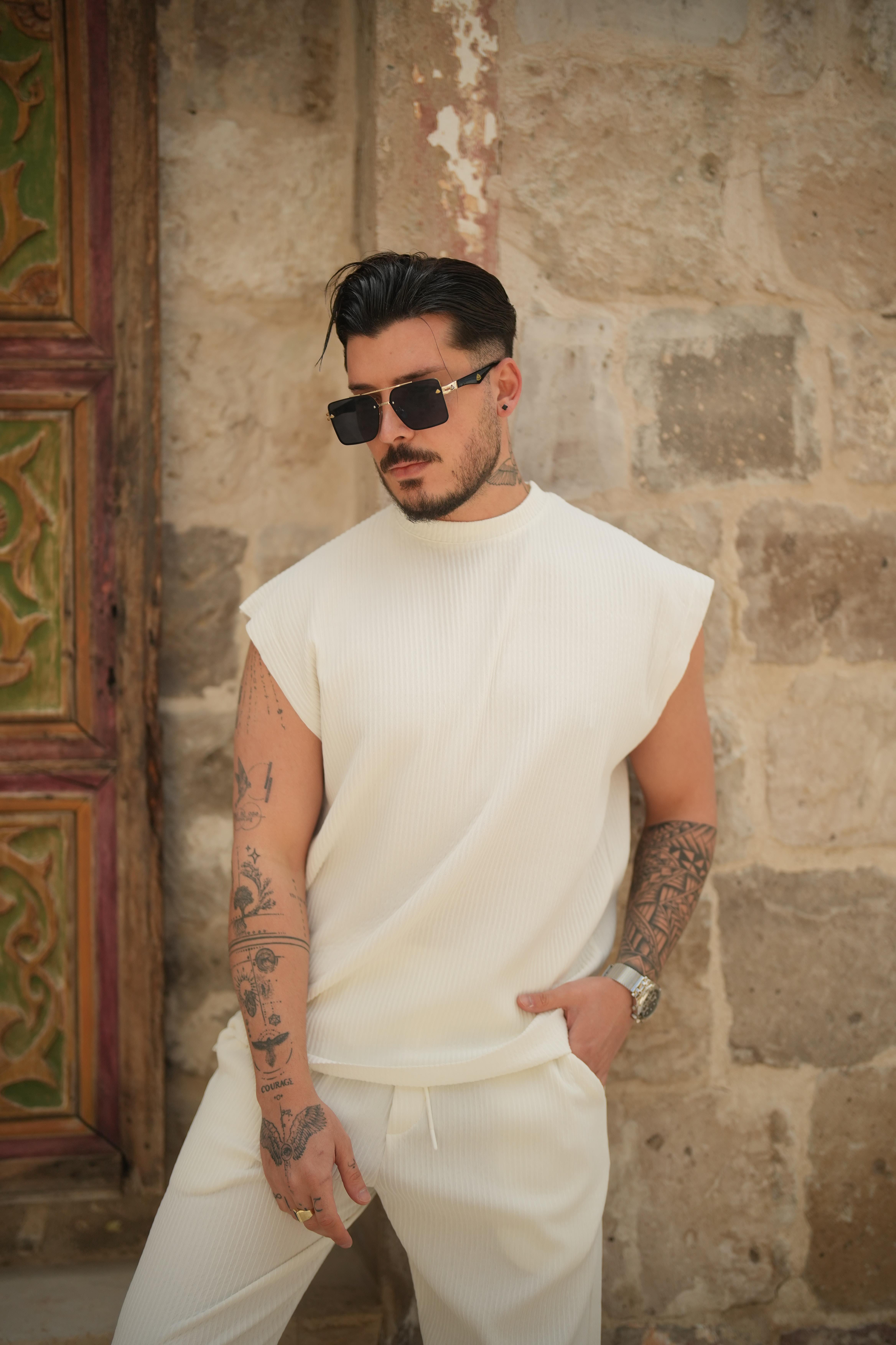 Sıfır Kol Fitilli T-Shirt Beyaz