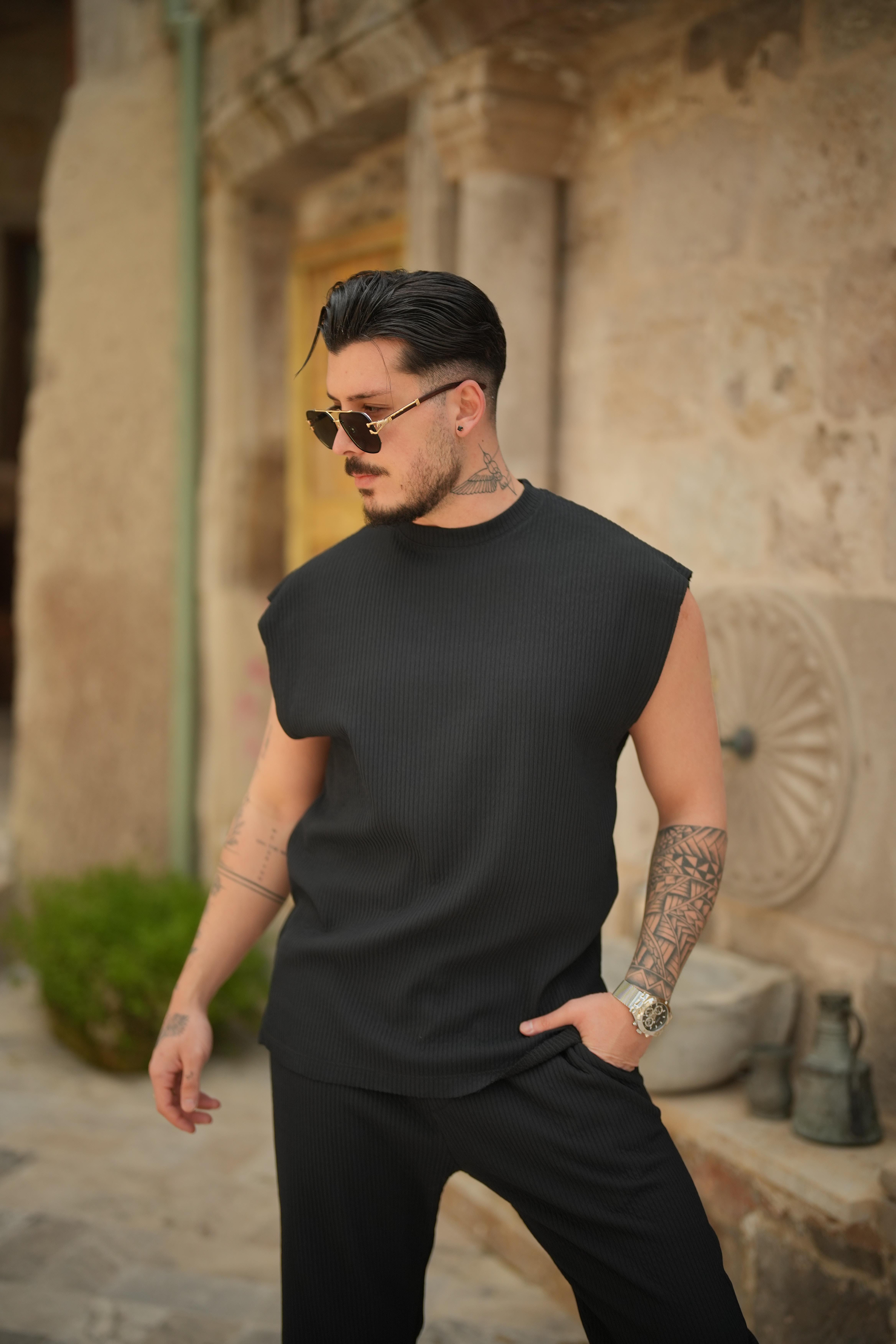 Sıfır Kol Fitilli T-Shirt Siyah