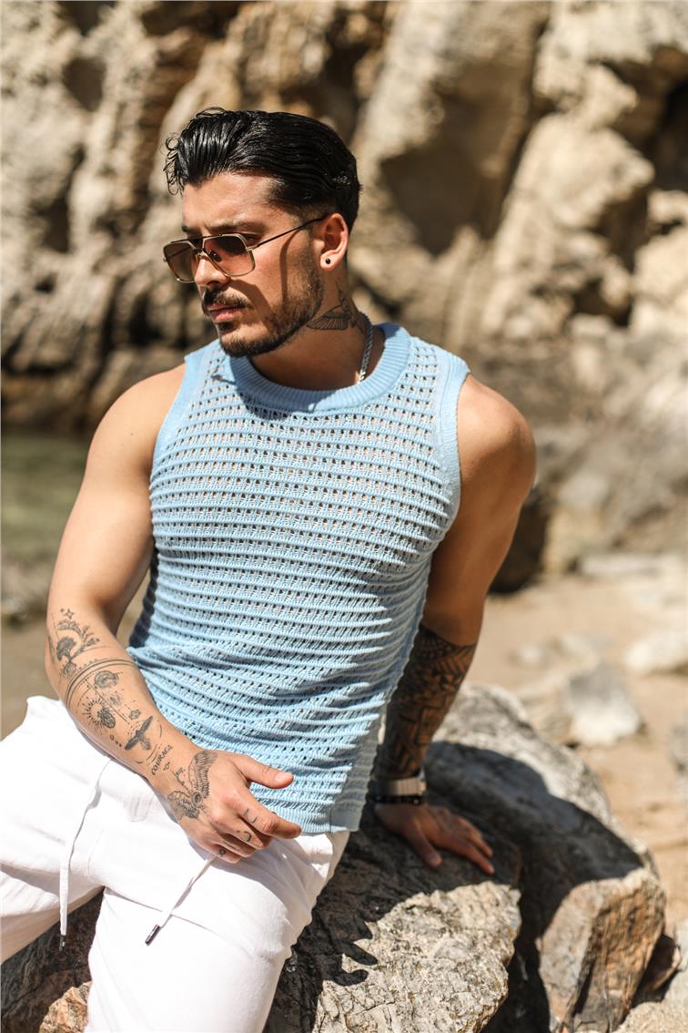 Sıfır Kol Örme T-Shirt Açık Mavi