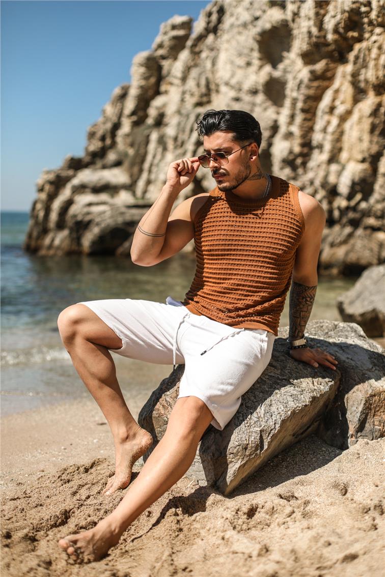 Sıfır Kol Örme T-Shirt Kahve