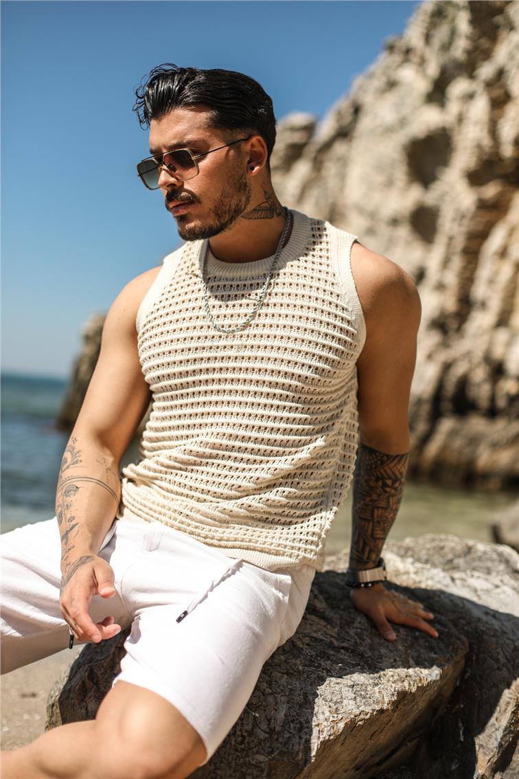 Sıfır Kol Örme T-Shirt Krem