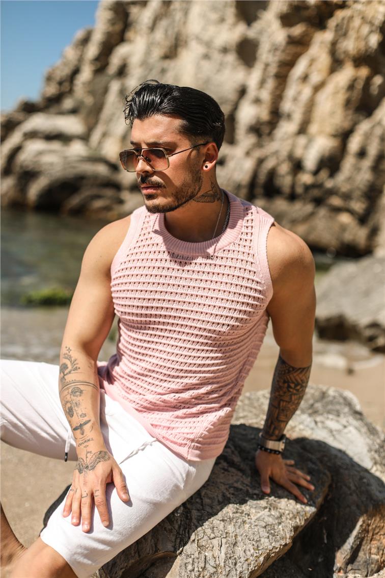 Sıfır Kol Örme T-Shirt Pudra