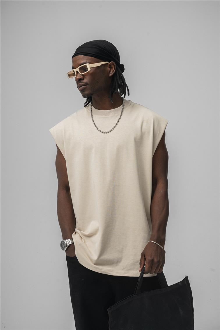 Sıfır Kol Oversize T-Shirt Bej