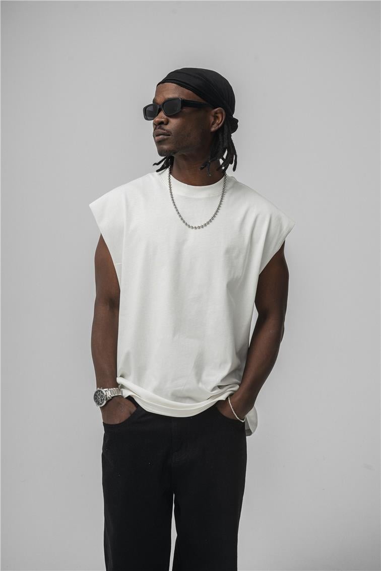Sıfır Kol Oversize T-Shirt Beyaz