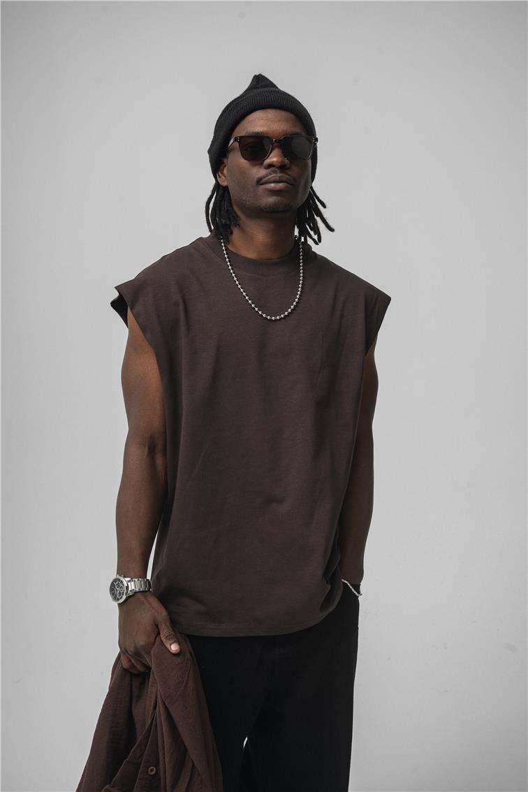 Sıfır Kol Oversize T-Shirt Kahve