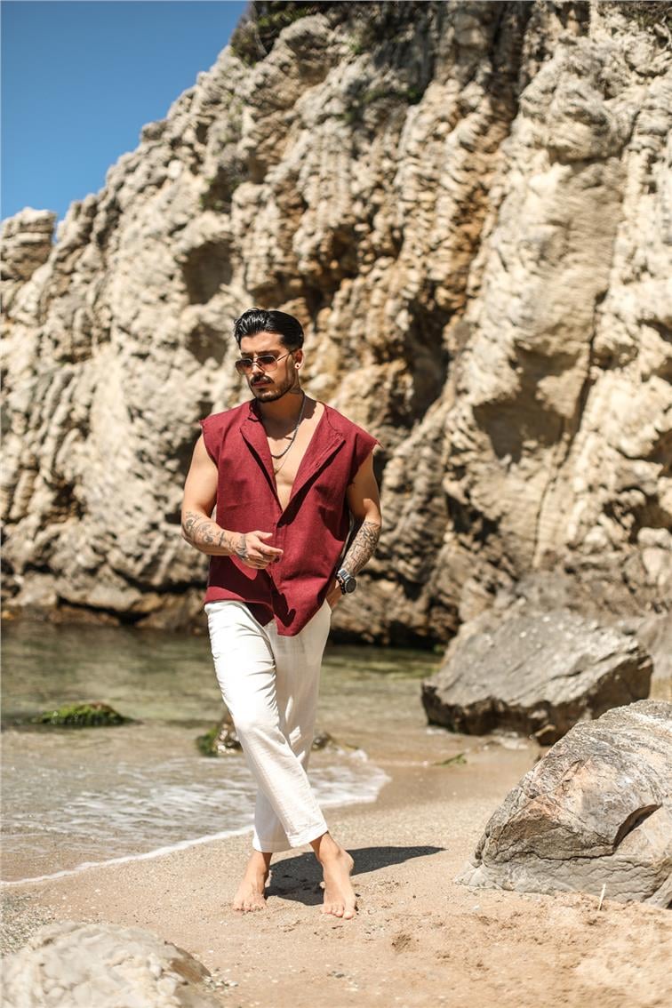 Sıfır Kol Yırtık Detaylı Oversize Gömlek Bordo