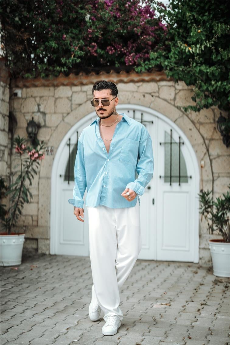 Sık Çizgili Oversize Gömlek Koyu Mavi