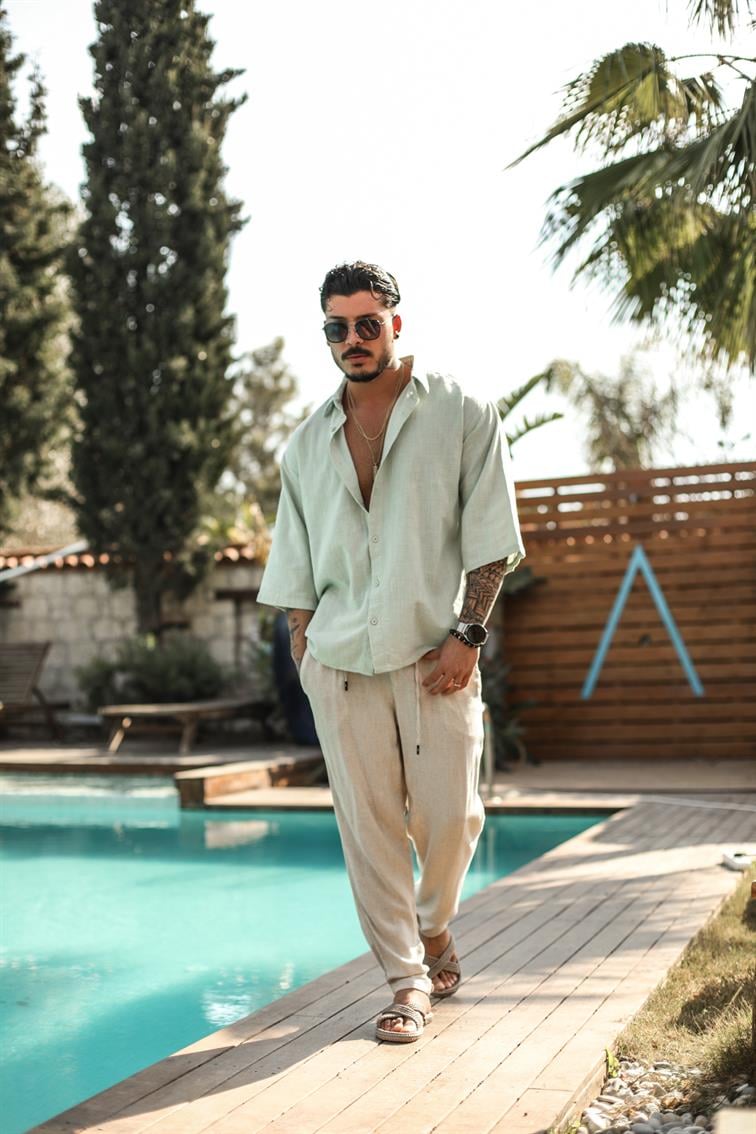 Şile Bezi Fakir Kol Oversize Gömlek Su Yeşili