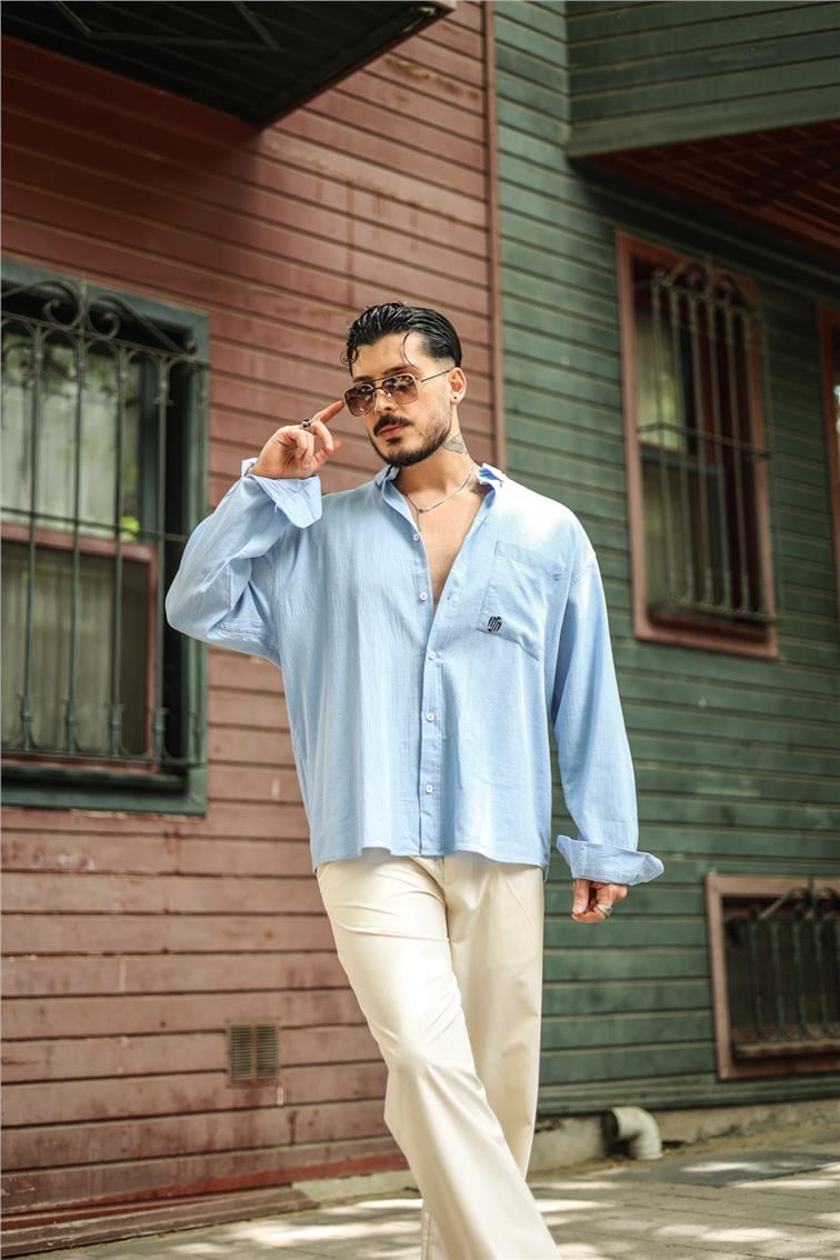 Şile Bezi Oversize Krinkıl Gömlek Açık Mavi