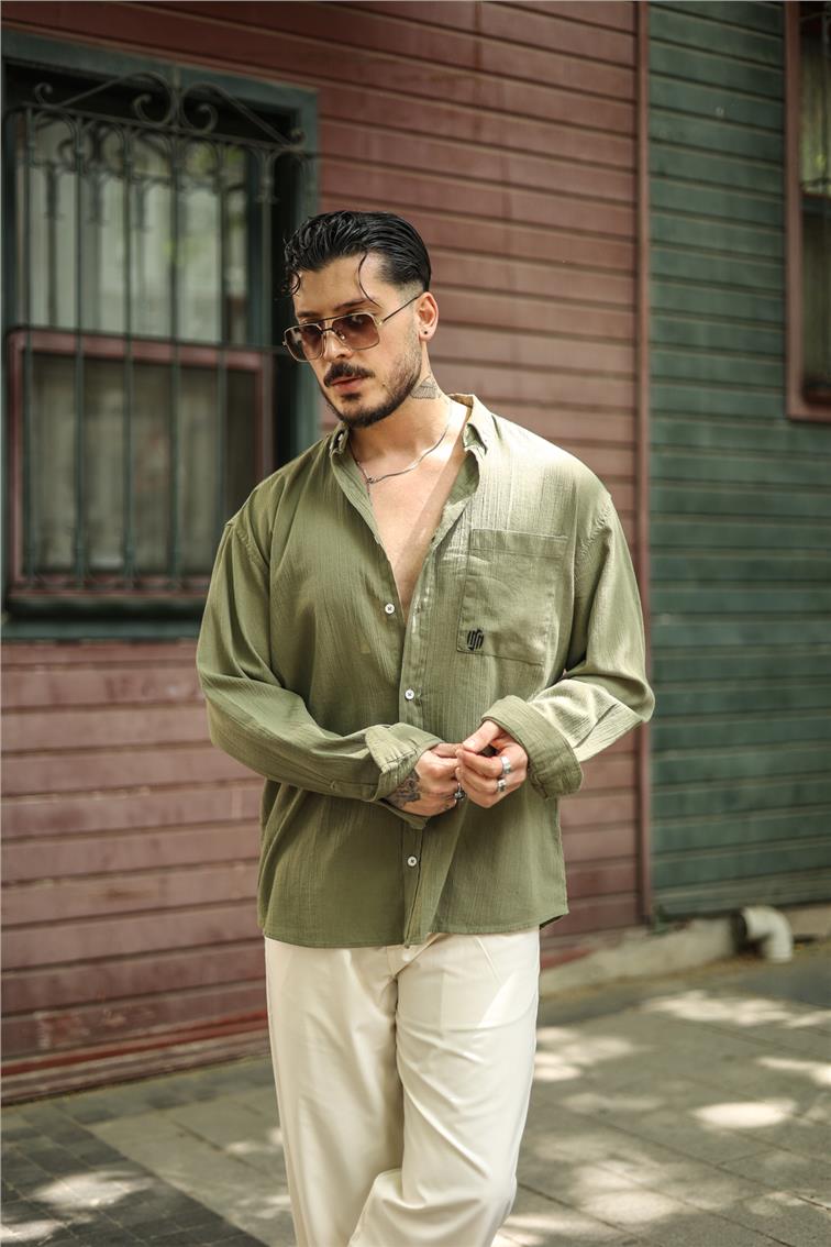 Şile Bezi Oversize Krinkıl Gömlek Haki