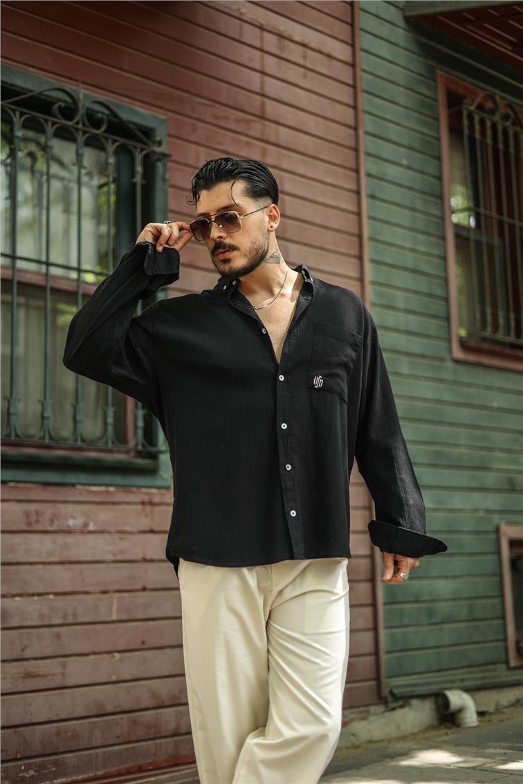 Şile Bezi Oversize Krinkıl Gömlek Siyah