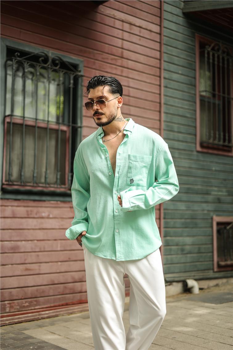 Şile Bezi Oversize Krinkıl Gömlek Su Yeşili