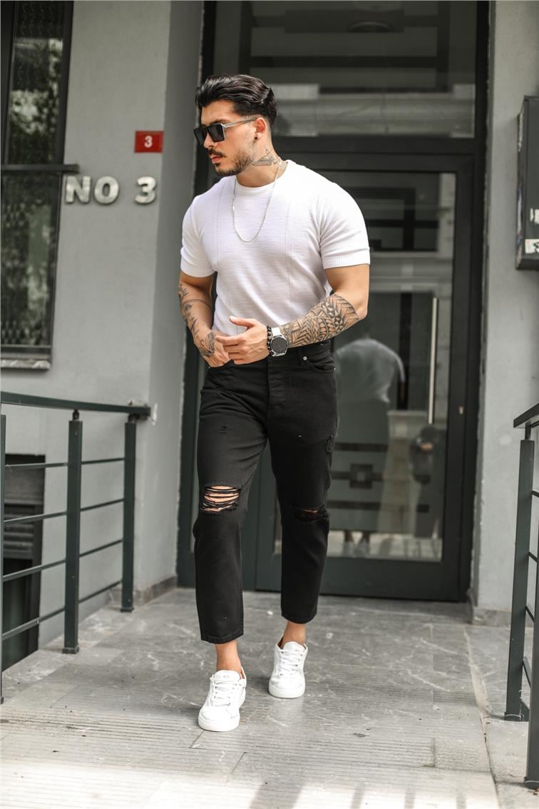 Siyah Dizi Yırtık Boyfriend Jean Siyah