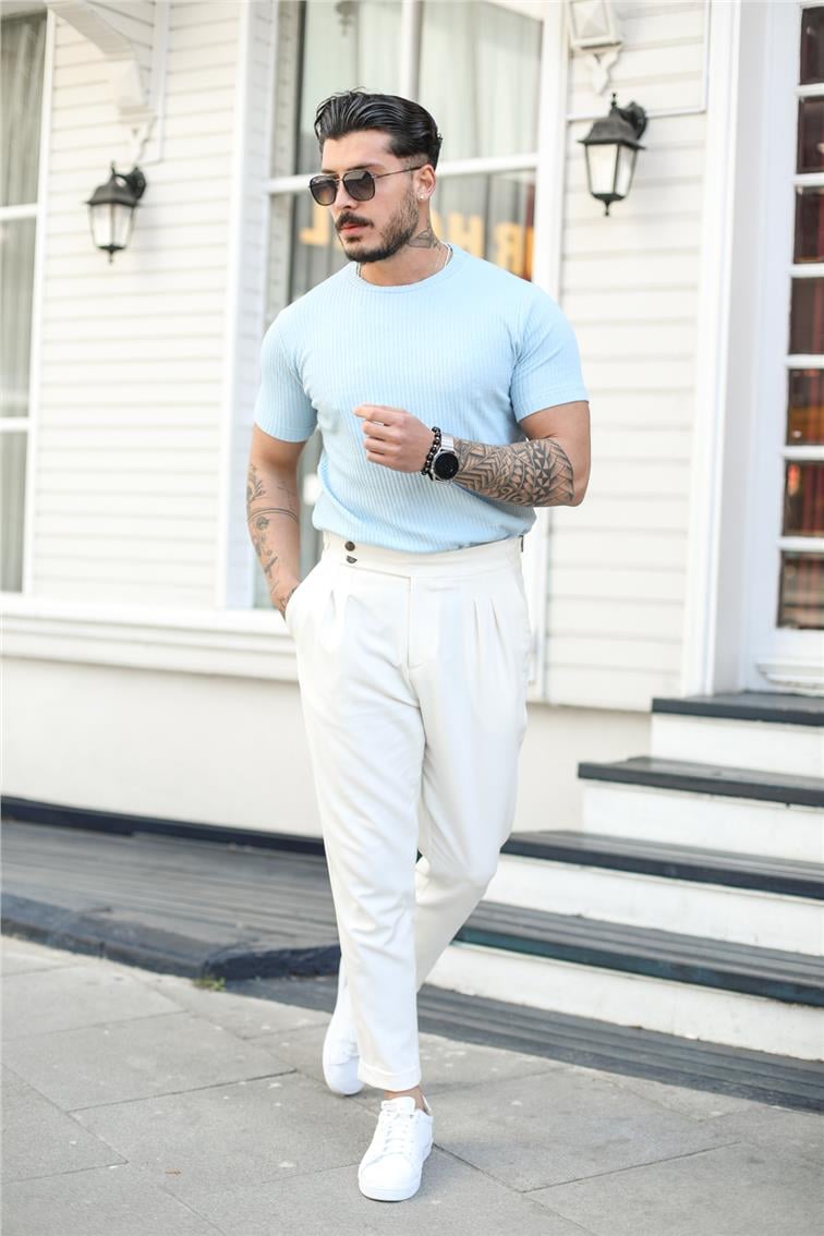 Slim Fit Çizgili T-Shırt Mint Açık Mavi