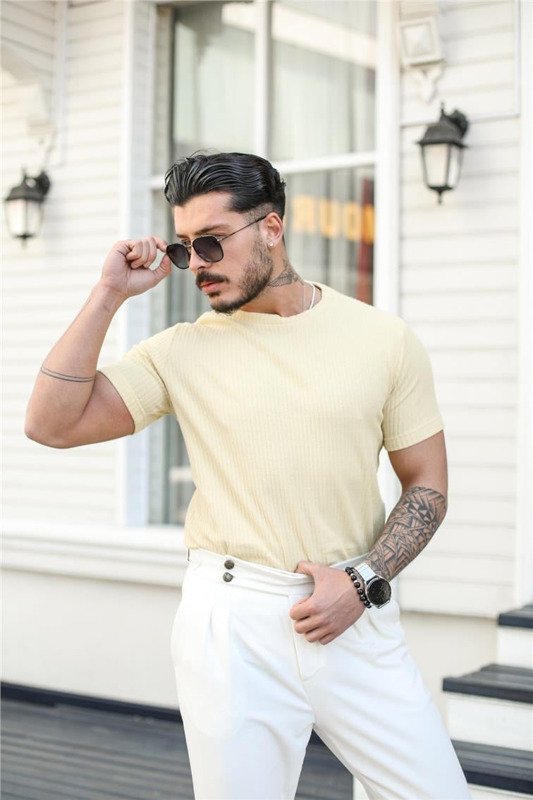 Slim Fit Çizgili T-Shırt Mint Sarı
